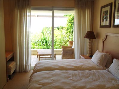 Waterfront apartment bedroom.